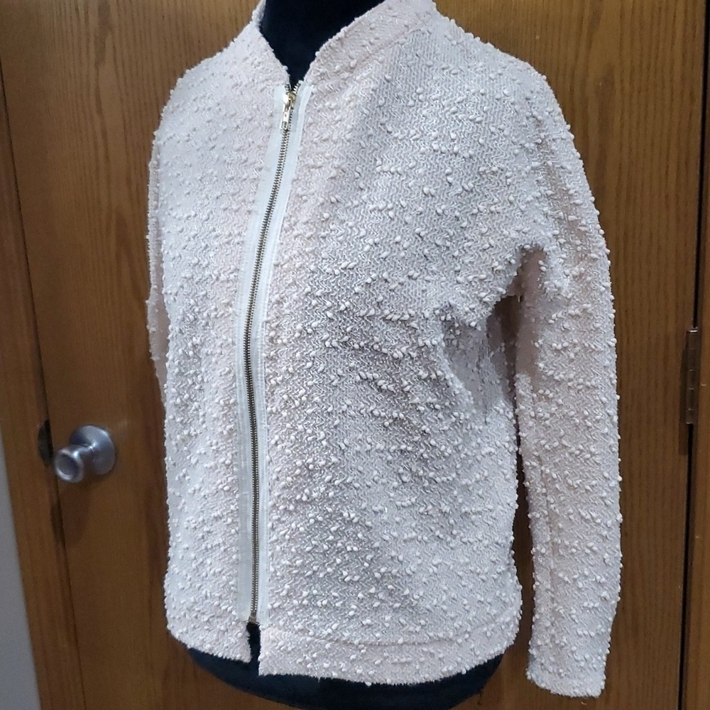 JET John Eshaya cream sequined leather trim full zip jacket knit textured